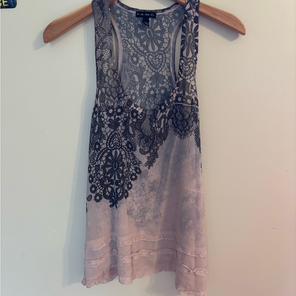 Indie Sleeze Lace-Print Scoop Neck Sheer Ruffle Tank Top in Light Pink & Black